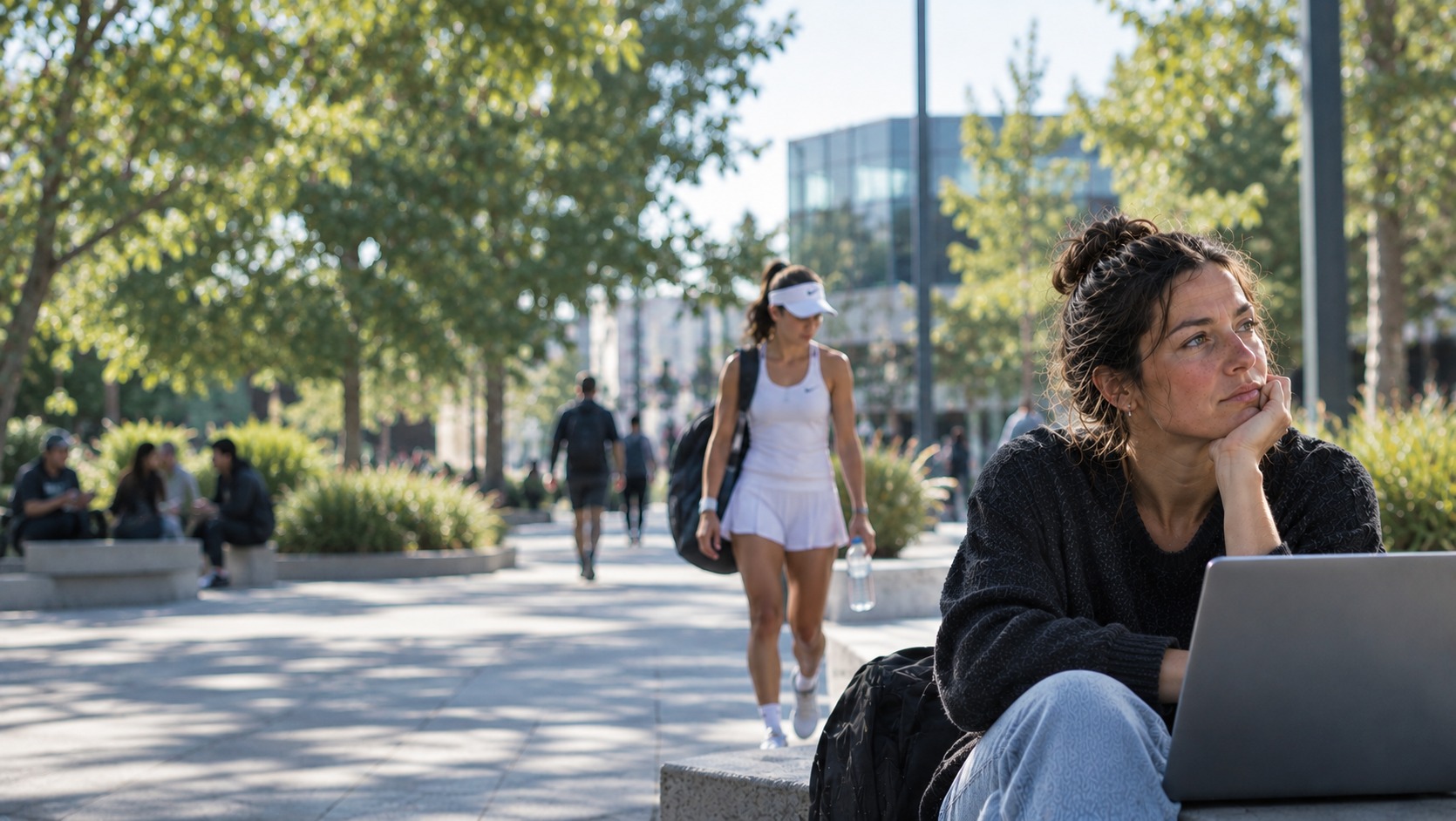 A woman pauses on a bench with her laptop, distracted by her own thoughts, while everyday life carries on around her.